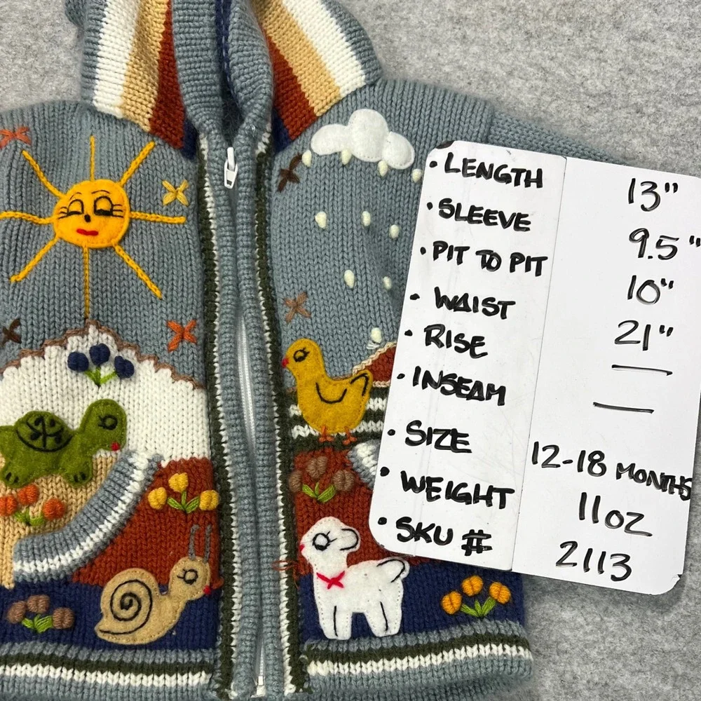 Vintage‎ Style Hand Knit Animal Scene Hooded Zip Cardigan Blue Kids 12-18 Months